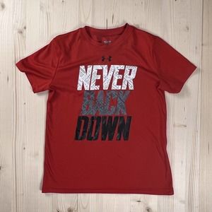 Under Armour Boys Red "Never Back Down" Short Sleeve Loose Fit Shirt YMD